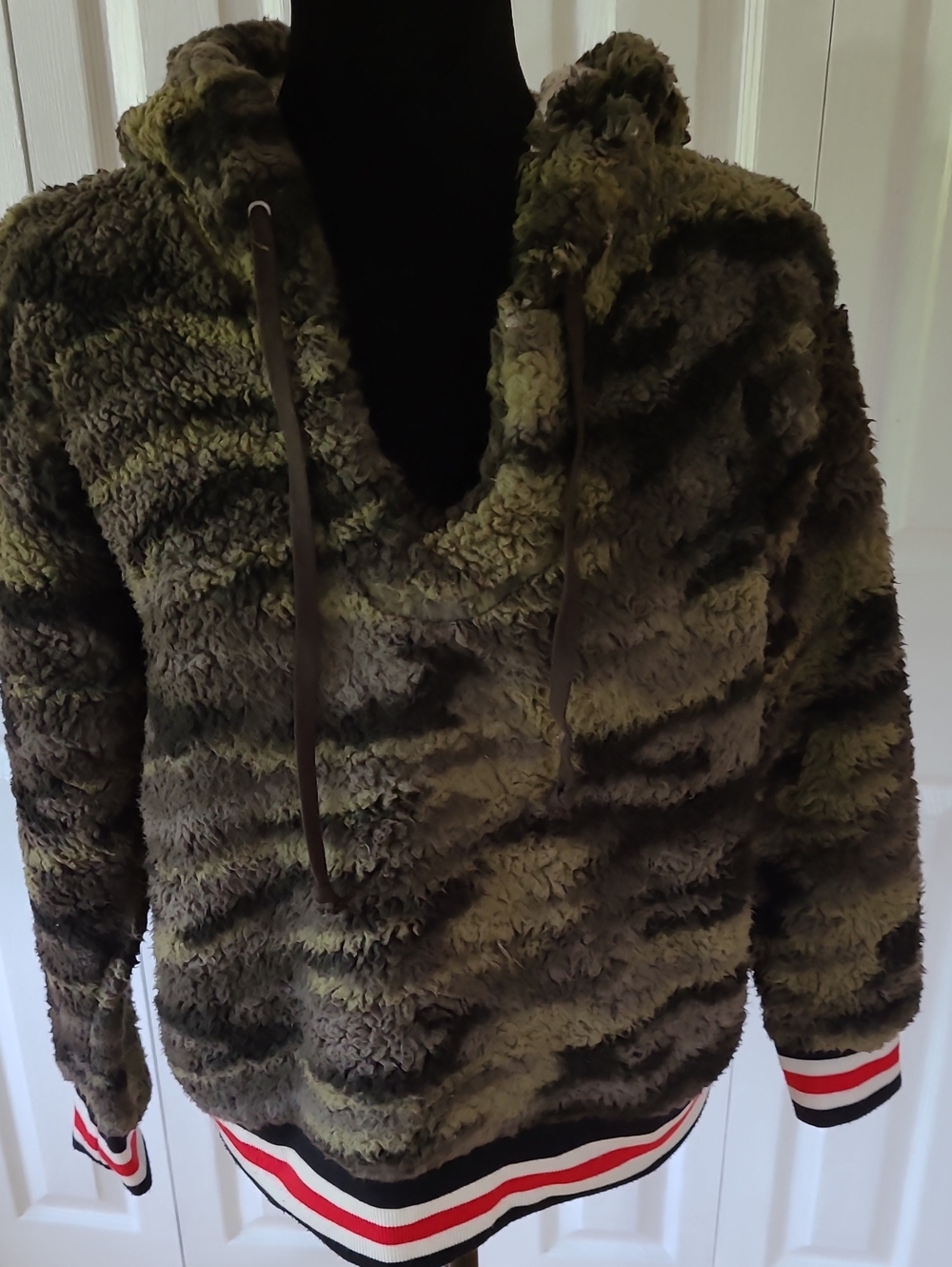 Derek Heart Olive Green Faux Fur Hooded Pullover with Striped Hem